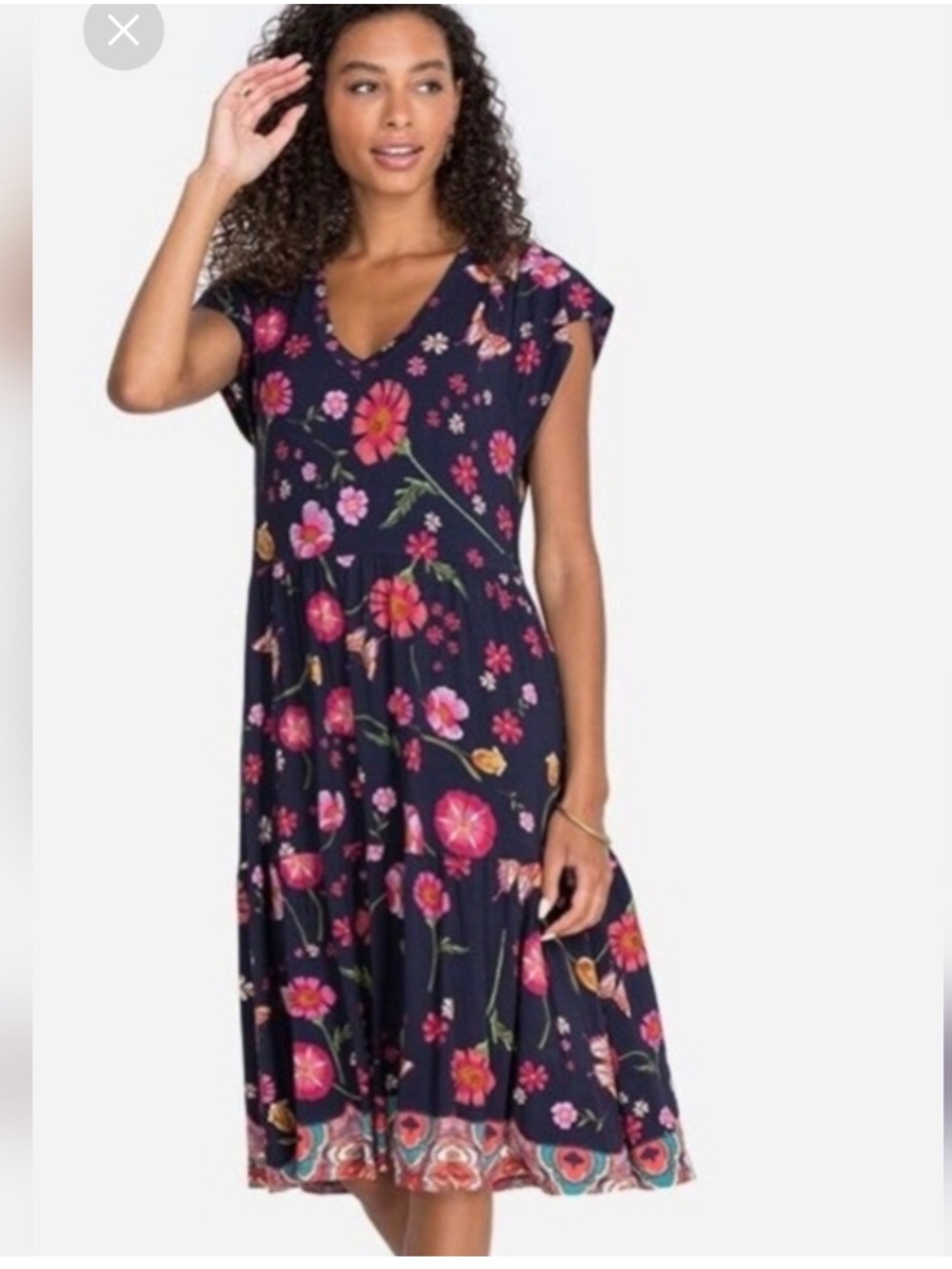 Johnny Was Lindero Floral Navy Midi Tiered Dress With Pink And Red Blooms Sz XL